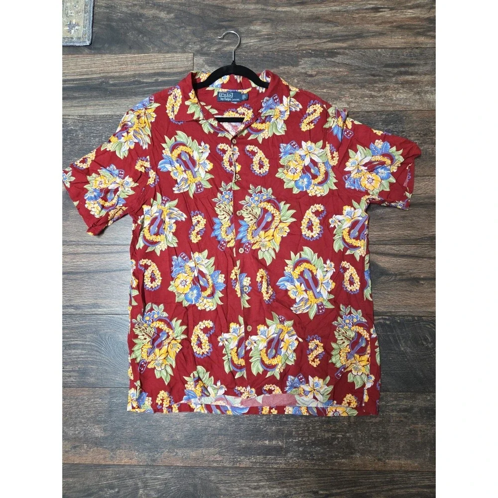 VTG‎ Polo Ralph Lauren Mens L Hawaiian Camp Shirt Button Down Red Tropical